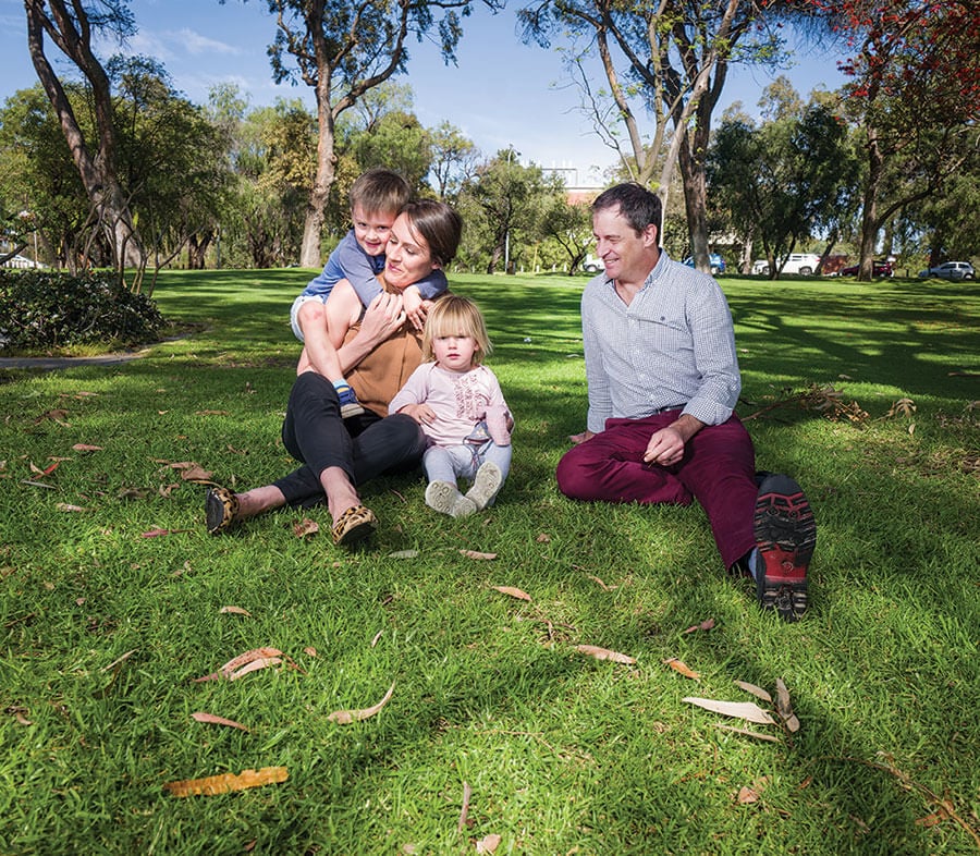 BHP Social Investment Specialist Rebecca Samulski in the park with her children, Miles and Annie, and Dr James Fitzpatrick